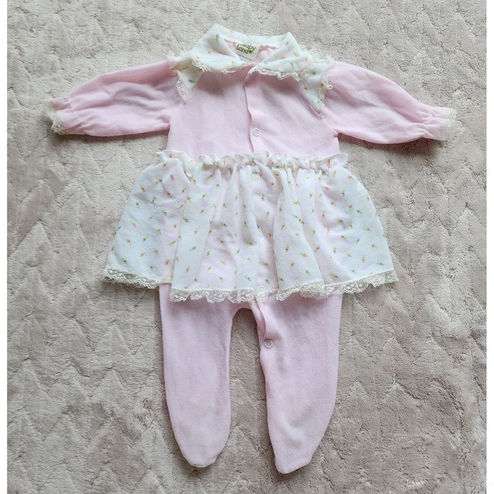 Lullaby Land Baby Girl Vintage Skirted One Piece Pink Floral Lace Size Small